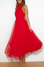 Meri Elegant Tulle Midi Dress | Women's Halterneck A-Line Gown