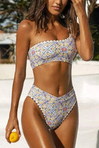 Kim | Women's Bohemian One-Shoulder Bikini Set with Scalloped Trim