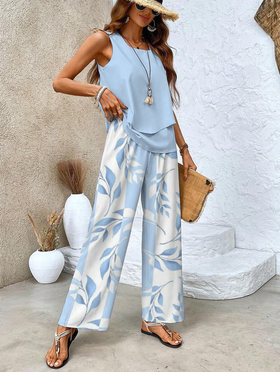 Emeri Leaf Print Wide-Leg Two-Piece Set for Women