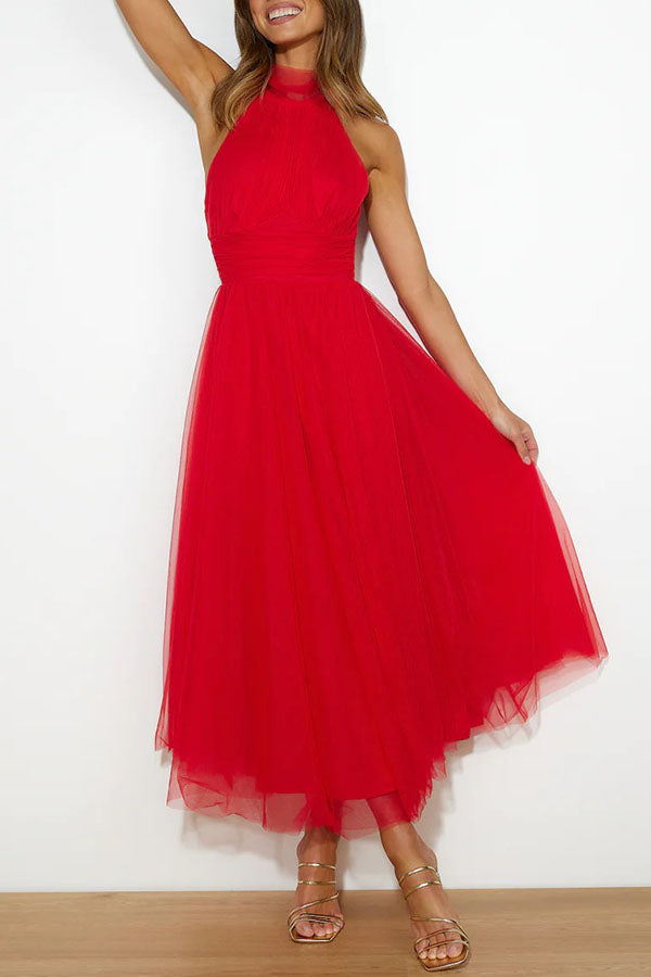 Meri Elegant Tulle Midi Dress | Women's Halterneck A-Line Gown
