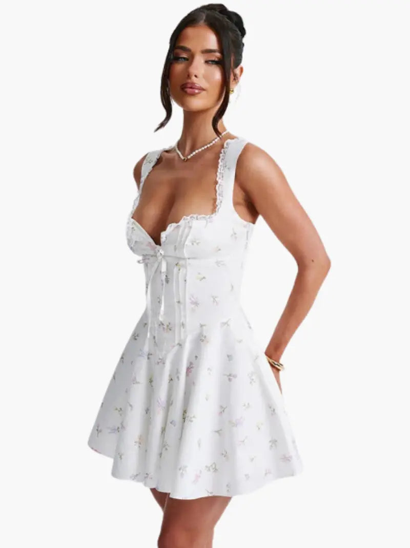 Aysha | Women's Floral Print Lace Trim Mini Dress