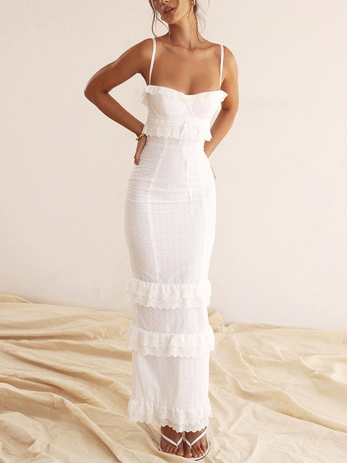 Albertine | Romantic Tiered Ruffle Eyelet Maxi Dress for Women