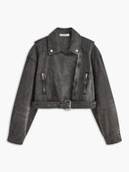 Lucianna | Women's Cropped Biker Denim Jacket with Asymmetrical Zip