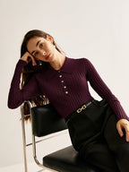 Tayla Ribbed Knit Polo Shirt | Women's Elegant Long Sleeve Top