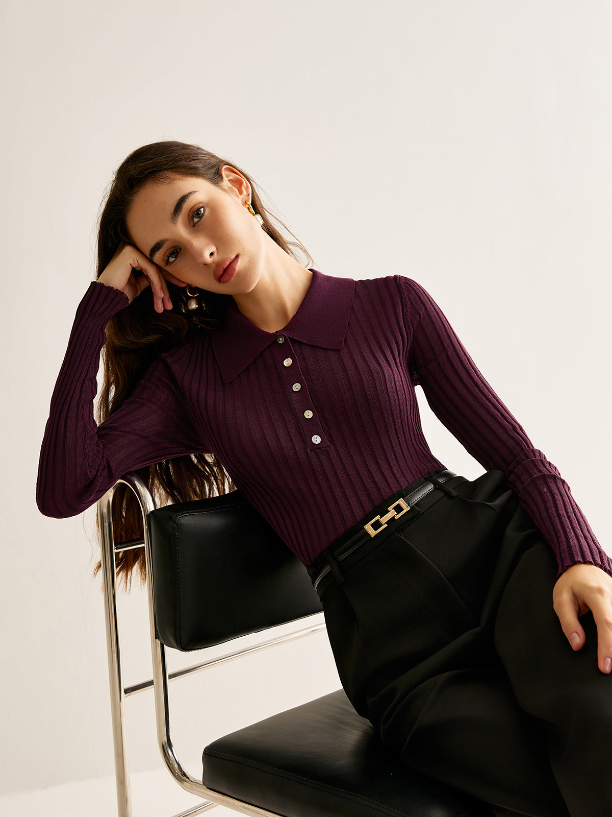 Tayla Ribbed Knit Polo Shirt | Women's Elegant Long Sleeve Top