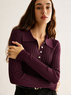 Tayla Ribbed Knit Polo Shirt | Women's Elegant Long Sleeve Top