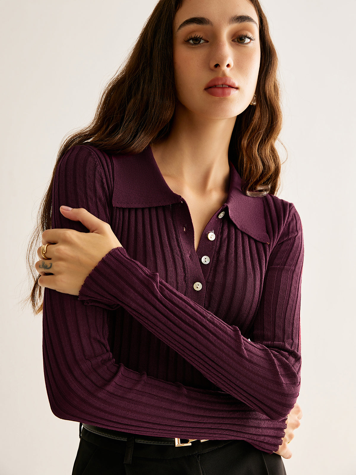 Tayla Ribbed Knit Polo Shirt | Women's Elegant Long Sleeve Top