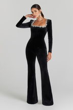 Zayla Jumpsuit with Crystal-Embellished Square Neckline