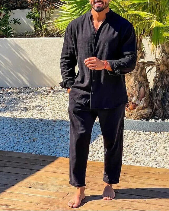 Kyrin Men's Linen Two-Piece Set | Band Collar Shirt & Trousers