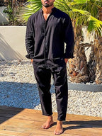 Kyrin Men's Linen Two-Piece Set | Band Collar Shirt & Trousers