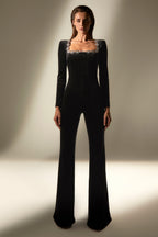 Zayla Jumpsuit with Crystal-Embellished Square Neckline