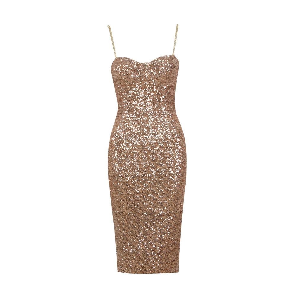 Lillianna Gold Sequin Midi Dress | Elegant Women's Evening Wear