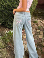 Anabelle Wide-Leg Jeans with Embroidered Bows | Women's Denim