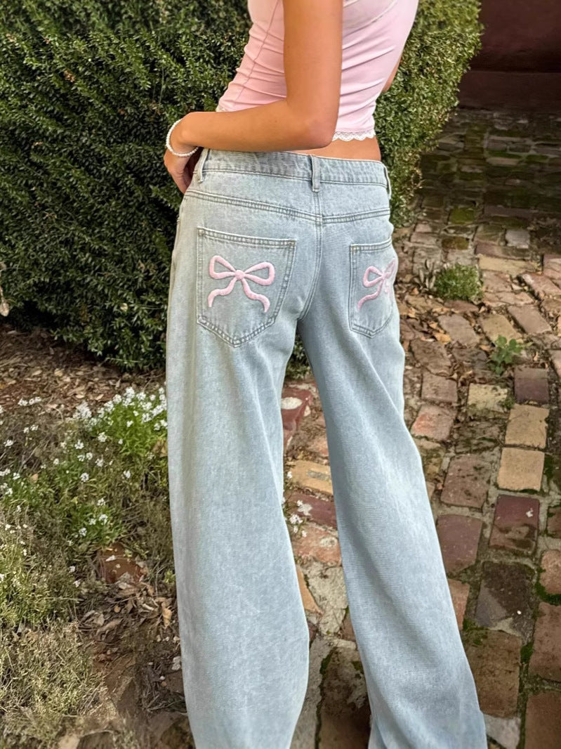 Anabelle Wide-Leg Jeans with Embroidered Bows | Women's Denim