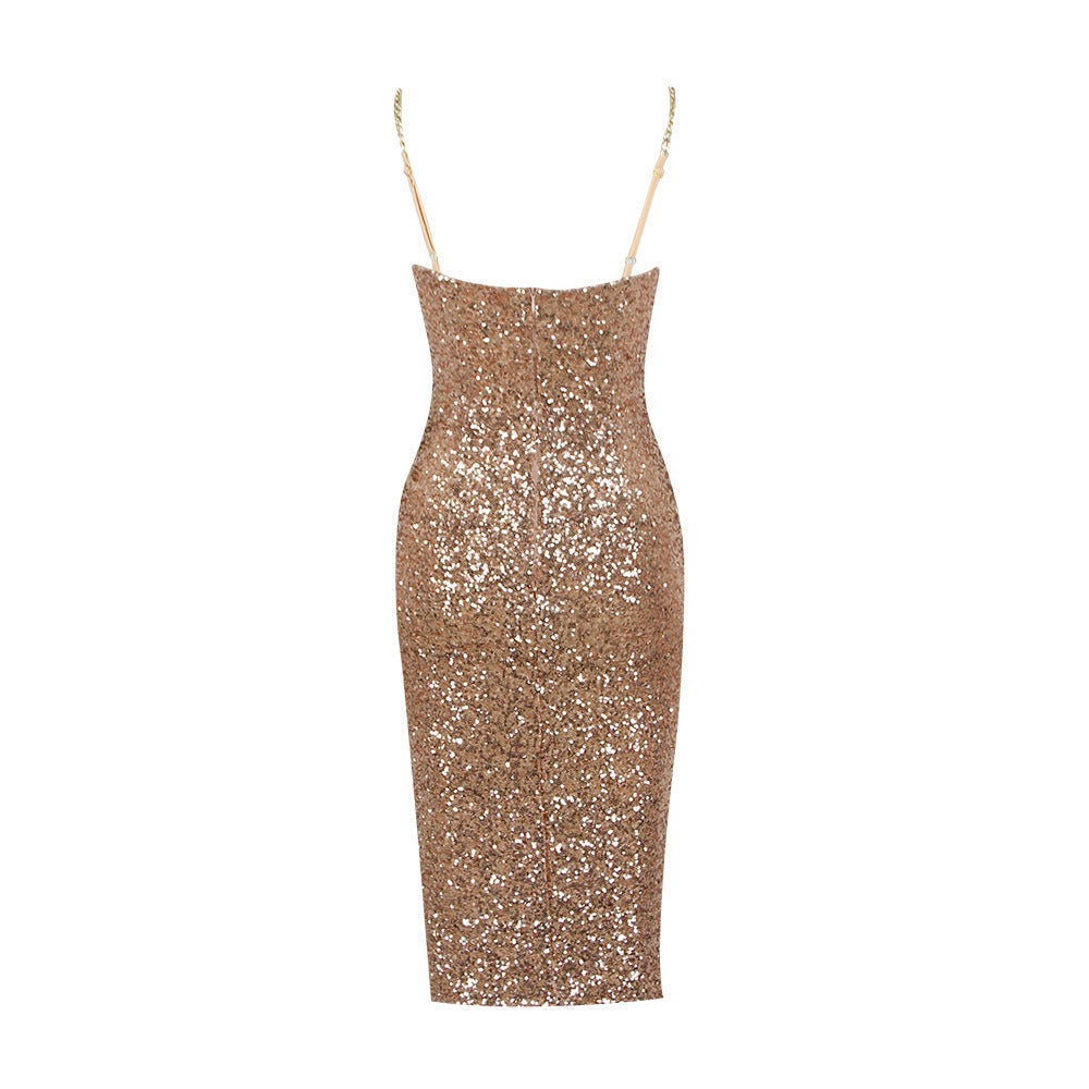 Lillianna Gold Sequin Midi Dress | Elegant Women's Evening Wear