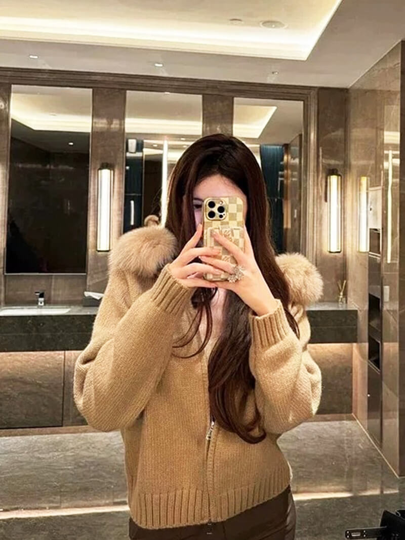 Maia Faux Fur Trim Hooded Cardigan | Cozy Women's Knitwear