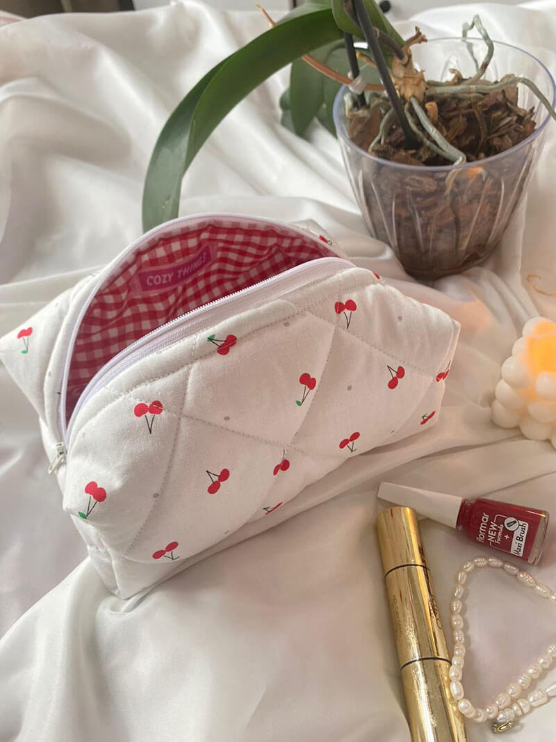 Marilynn | Charming Cherry Print Quilted Cosmetic Bag for Women