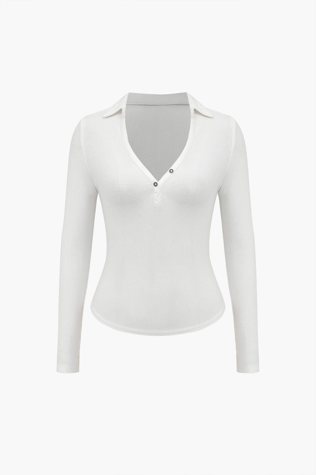 Chelsi | Women's Ribbed Long Sleeve Polo Shirt with V-Neck