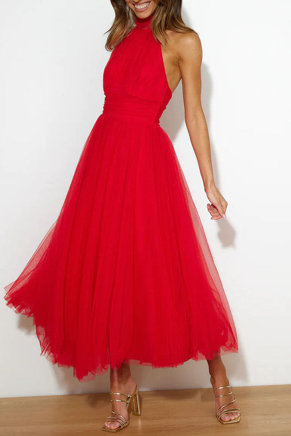Meri Elegant Tulle Midi Dress | Women's Halterneck A-Line Gown