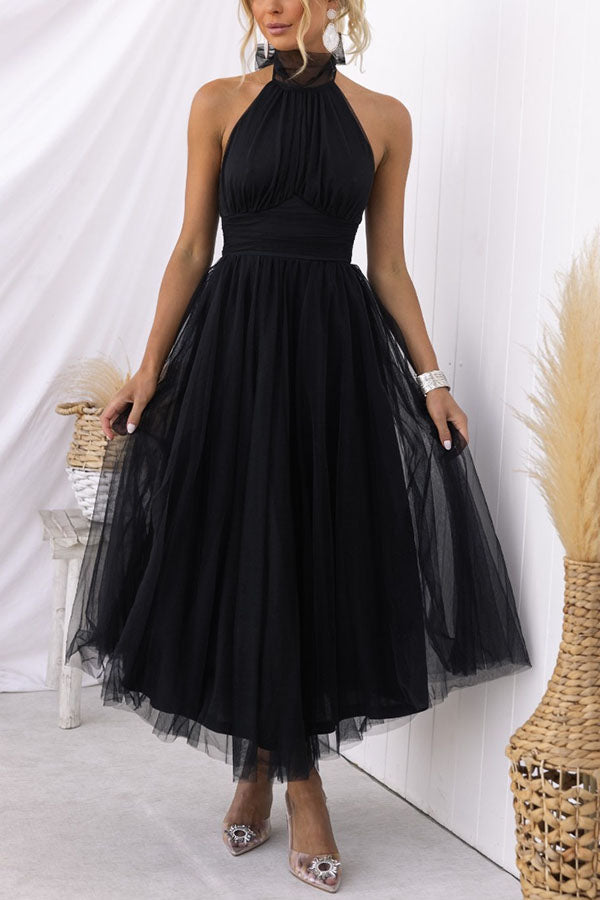 Meri Elegant Tulle Midi Dress | Women's Halterneck A-Line Gown
