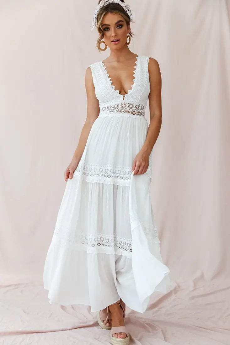 Carolee | Women's Boho Lace V-Neck Maxi Dress