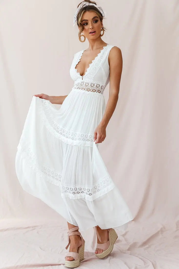 Carolee | Women's Boho Lace V-Neck Maxi Dress