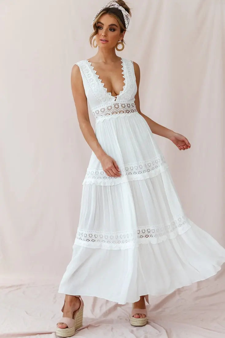 Carolee | Women's Boho Lace V-Neck Maxi Dress