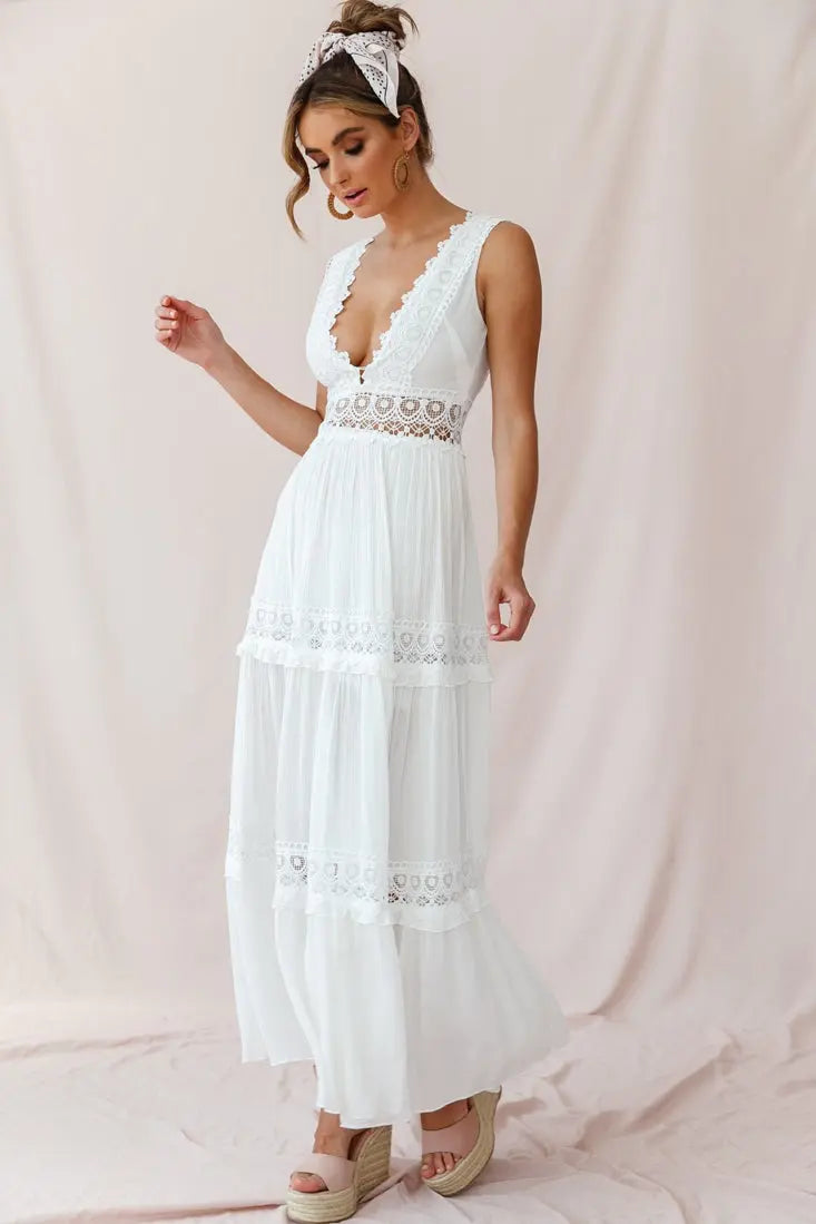 Carolee | Women's Boho Lace V-Neck Maxi Dress